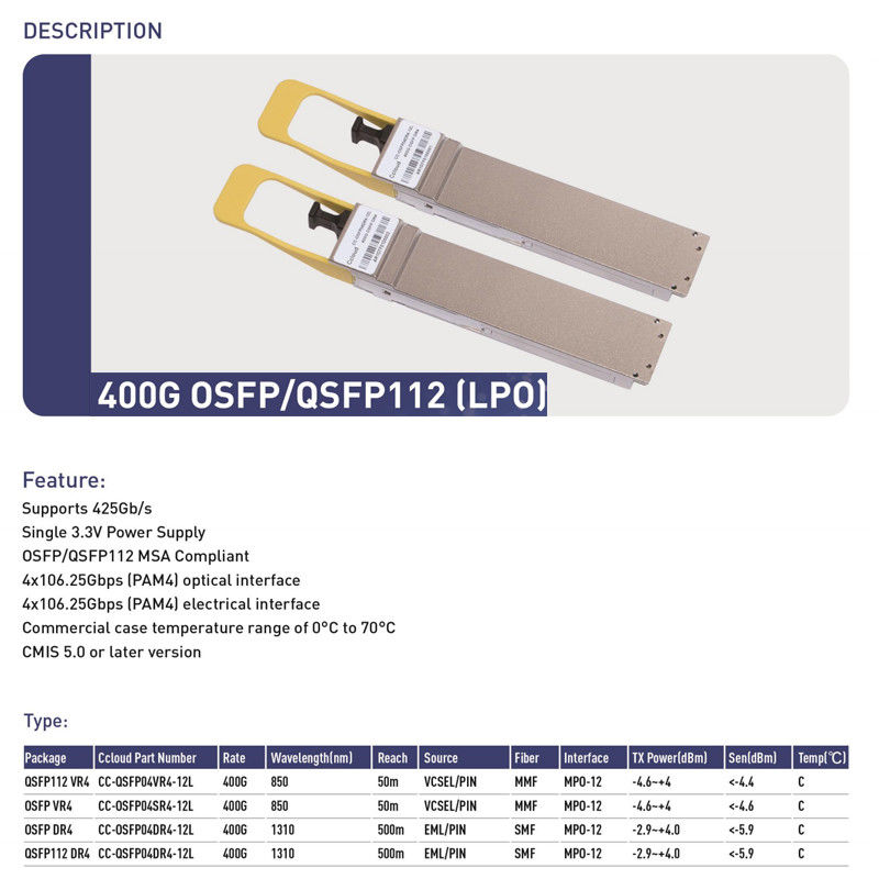 400G QSFP112 SR4 Hot-Plug Multimode Fiber Optic Transceiver 100m Kết nối giữa các trung tâm dữ liệu và kết nối giữa các thiết bị quang học