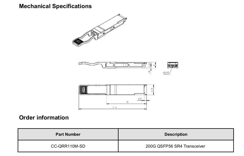 200G-SR4 Multi-Mode Optical Transceiver 200G Hot Pluggable Design 1 Max 4W Power Min Receivable tương thích với OM3/OM4