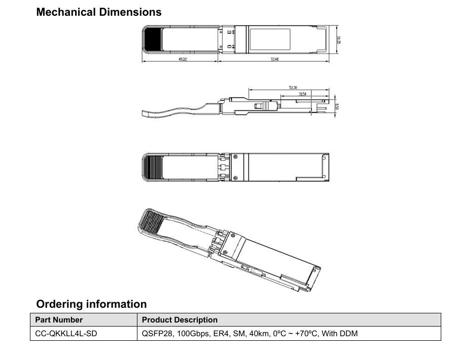 Nguồn điện 3.3V đơn 100GBase QSFP28 ER4 40KM Thiết bị quang sợi Duplex LC Optical Transceiver Module cho yêu cầu của bạn